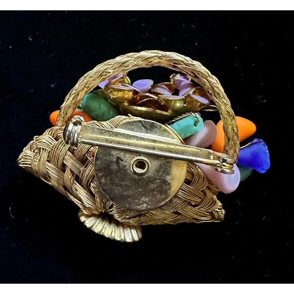 Vintage Flower Basket Brooch Woven Wire‎ & Molded Glass Beads